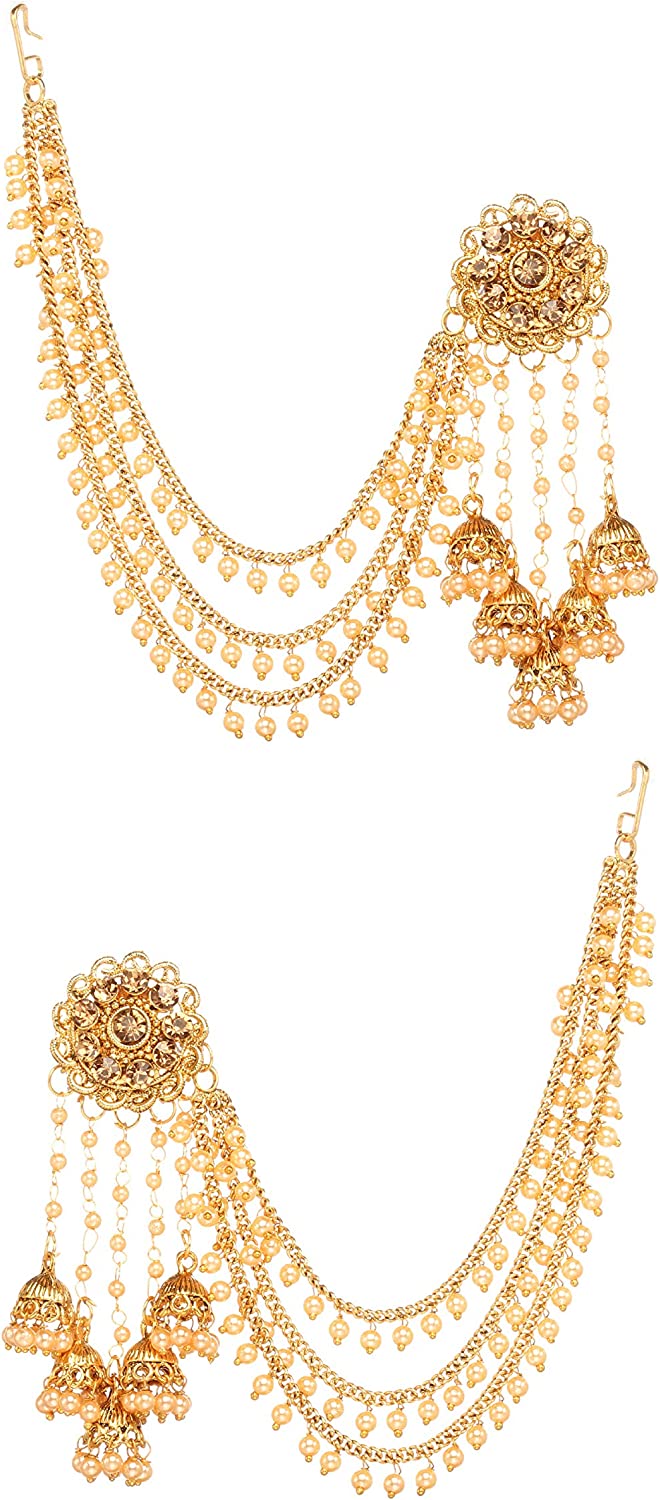 230816064918074_1 Bindhani Fashion Bollywood Jewellery Traditional Ethnic Bridal Bride Wedding Bridesmaid Gold Plated Kundan Pearl Drop Jhumka Jhumki Head chain Indian Bahubali Earrings Jewelry For Women - Image 1
